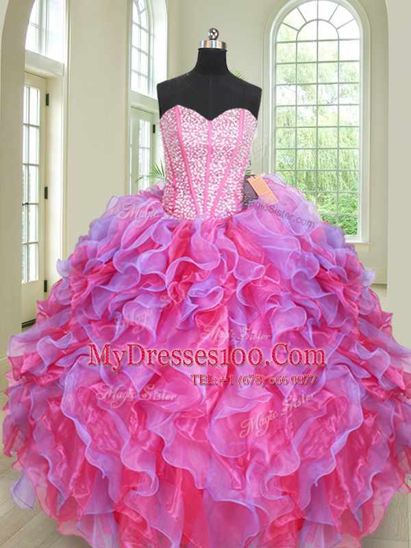Affordable Three Piece Beading and Ruffles Sweet 16 Dress Multi-color Lace Up Sleeveless Floor Length