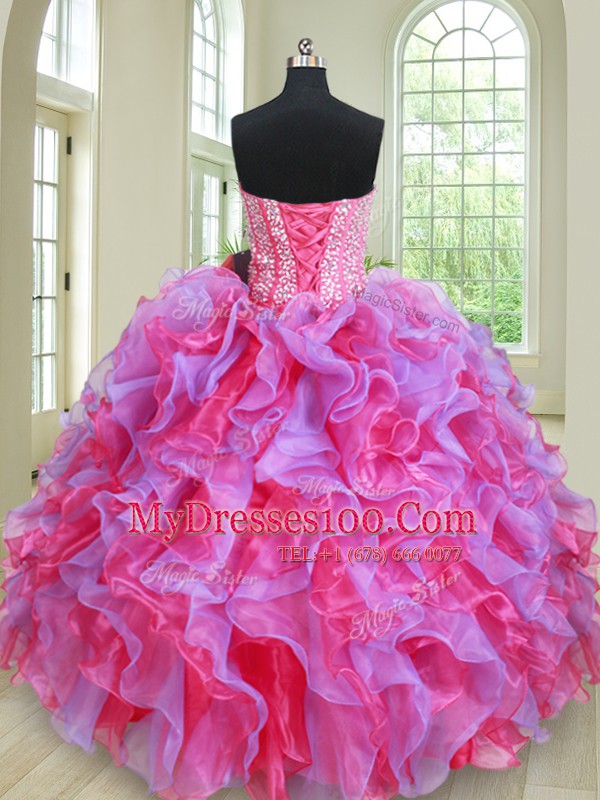 Affordable Three Piece Beading and Ruffles Sweet 16 Dress Multi-color Lace Up Sleeveless Floor Length