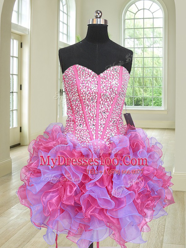 Affordable Three Piece Beading and Ruffles Sweet 16 Dress Multi-color Lace Up Sleeveless Floor Length