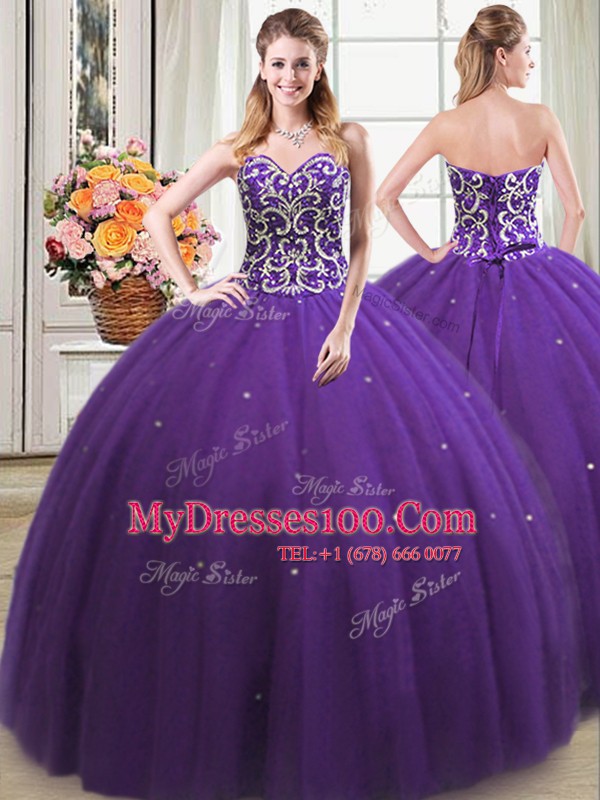 Fitting Sleeveless Floor Length Beading Lace Up Quinceanera Dresses with Purple