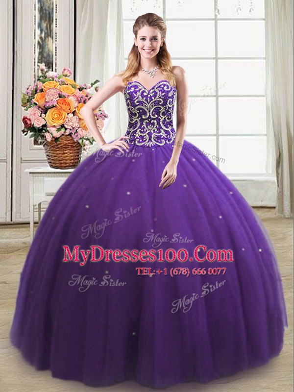 Fitting Sleeveless Floor Length Beading Lace Up Quinceanera Dresses with Purple