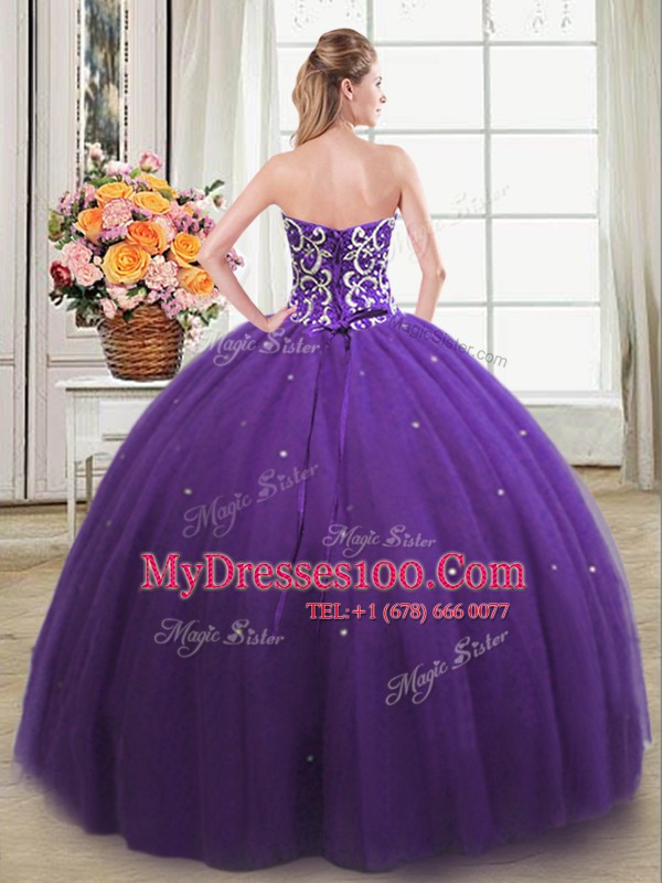Fitting Sleeveless Floor Length Beading Lace Up Quinceanera Dresses with Purple