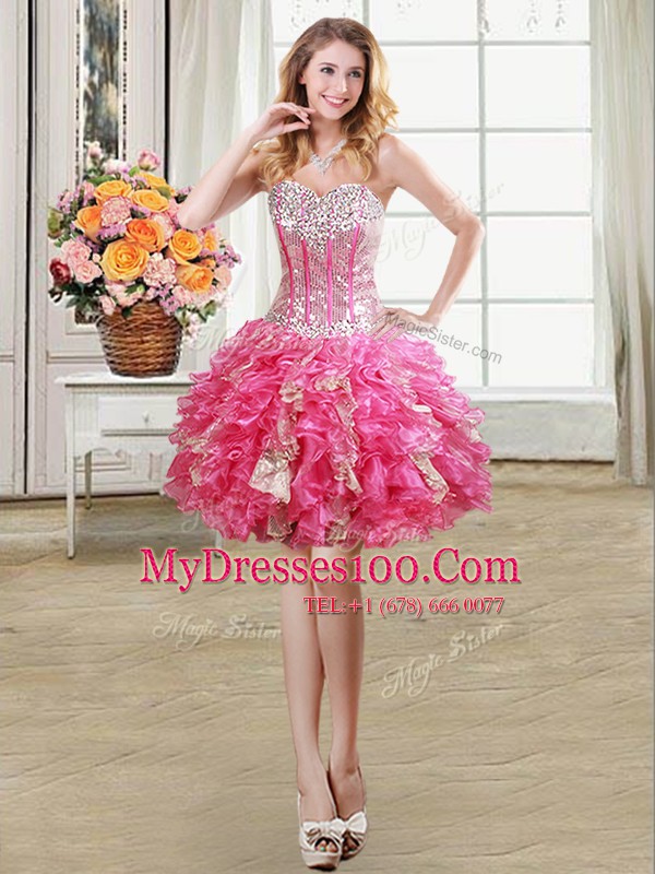 Four Piece Sequins Sweetheart Sleeveless Lace Up Sweet 16 Quinceanera Dress Hot Pink Organza
