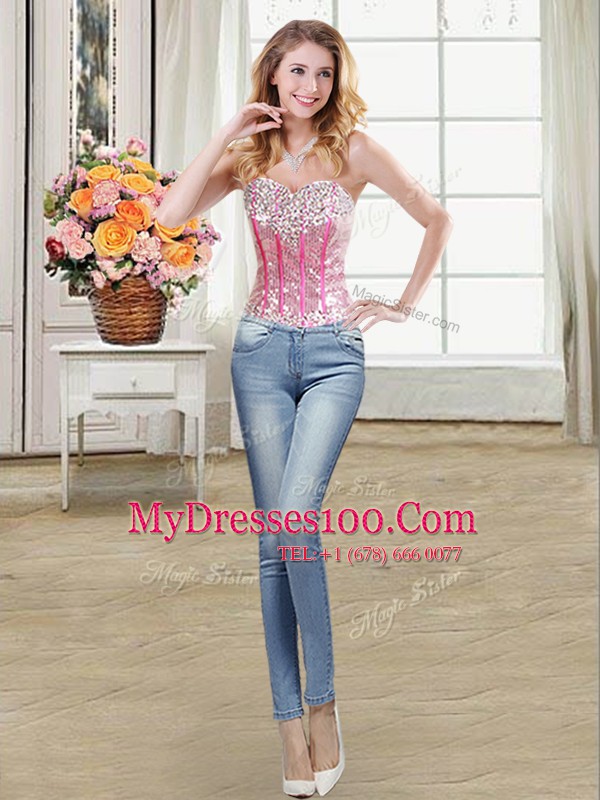Four Piece Sequins Sweetheart Sleeveless Lace Up Sweet 16 Quinceanera Dress Hot Pink Organza