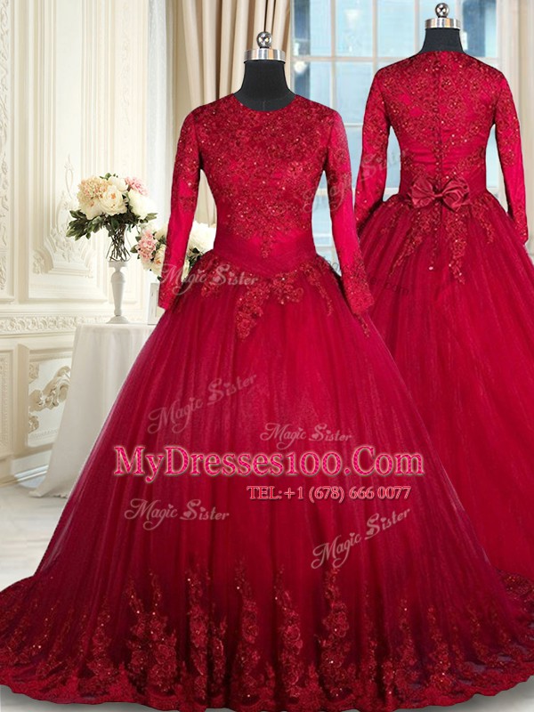 Cute Wine Red 15th Birthday Dress Military Ball and Sweet 16 and Quinceanera and For with Beading and Lace and Bowknot Scoop Long Sleeves Clasp Handle