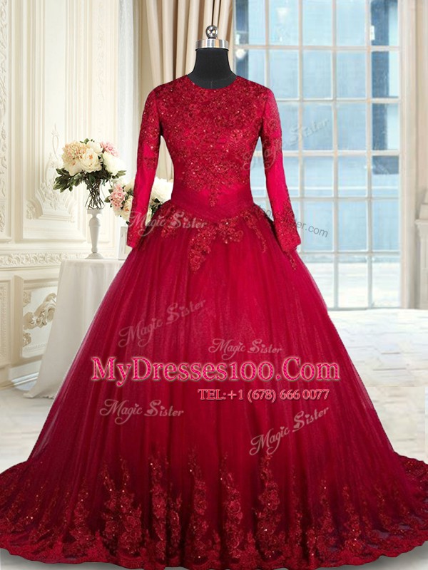 Cute Wine Red 15th Birthday Dress Military Ball and Sweet 16 and Quinceanera and For with Beading and Lace and Bowknot Scoop Long Sleeves Clasp Handle