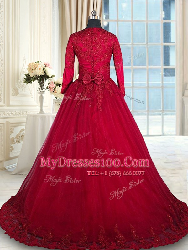 Cute Wine Red 15th Birthday Dress Military Ball and Sweet 16 and Quinceanera and For with Beading and Lace and Bowknot Scoop Long Sleeves Clasp Handle