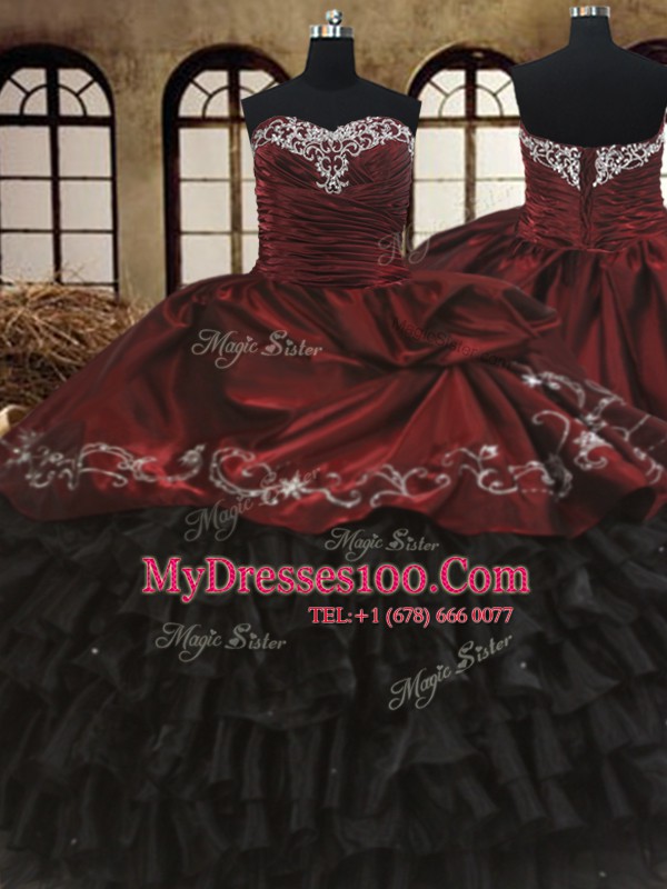 Red And Black Sweetheart Lace Up Beading and Embroidery and Ruffled Layers Quinceanera Gown Sleeveless
