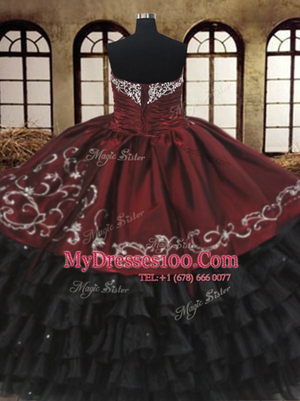 Red And Black Sweetheart Lace Up Beading and Embroidery and Ruffled Layers Quinceanera Gown Sleeveless