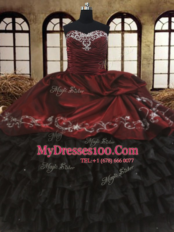 Red And Black Sweetheart Lace Up Beading and Embroidery and Ruffled Layers Quinceanera Gown Sleeveless