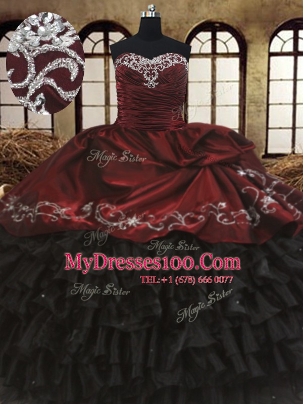Red And Black Sweetheart Lace Up Beading and Embroidery and Ruffled Layers Quinceanera Gown Sleeveless