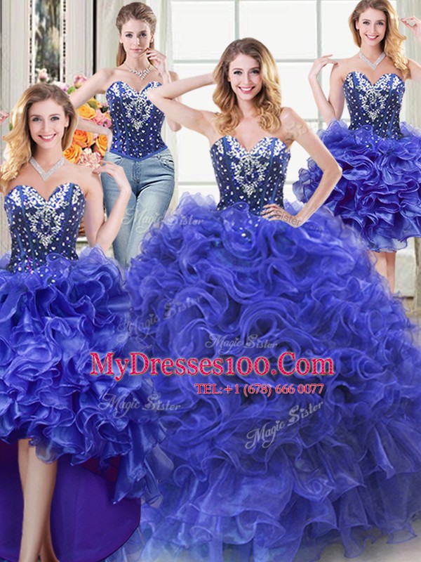 Four Piece Royal Blue Ball Gowns Sweetheart Sleeveless Organza Floor Length Lace Up Beading and Ruffles Quinceanera Gown