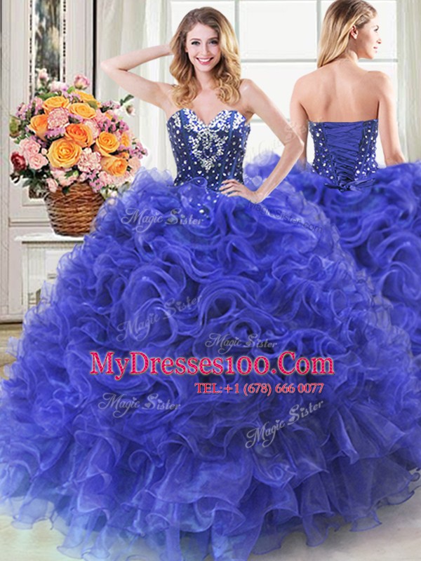 Four Piece Royal Blue Ball Gowns Sweetheart Sleeveless Organza Floor Length Lace Up Beading and Ruffles Quinceanera Gown