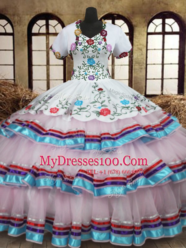 Straps Sleeveless Quinceanera Gown Floor Length Embroidery and Ruffled Layers White Organza and Taffeta