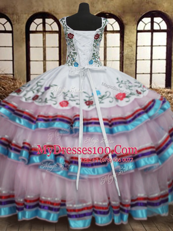 Straps Sleeveless Quinceanera Gown Floor Length Embroidery and Ruffled Layers White Organza and Taffeta