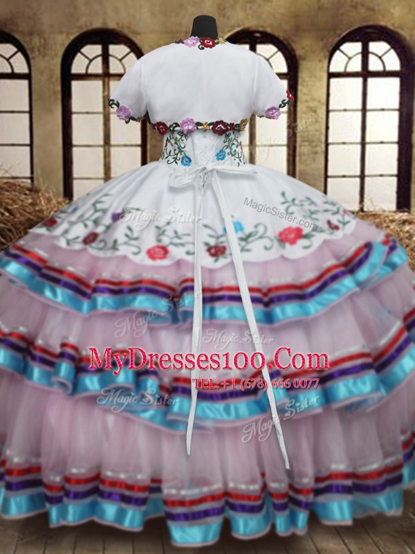 Straps Sleeveless Quinceanera Gown Floor Length Embroidery and Ruffled Layers White Organza and Taffeta