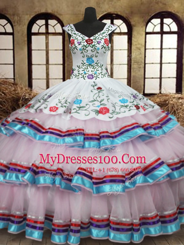 Straps Sleeveless Quinceanera Gown Floor Length Embroidery and Ruffled Layers White Organza and Taffeta