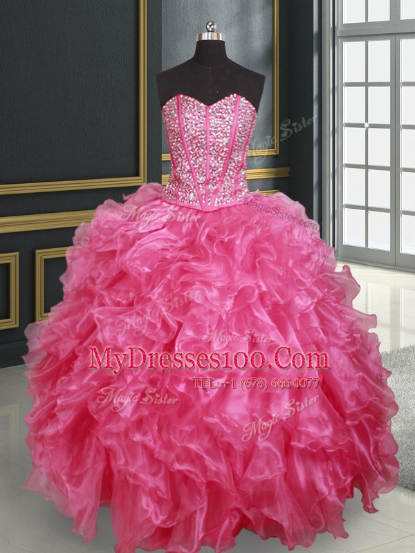 Dramatic Four Piece Hot Pink Ball Gowns Organza Sweetheart Sleeveless Beading and Ruffles Floor Length Lace Up 15th Birthday Dress