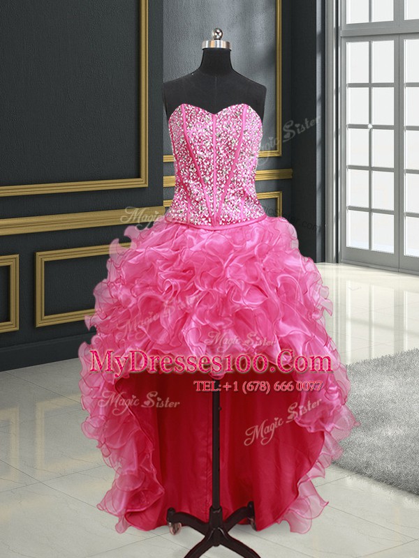 Dramatic Four Piece Hot Pink Ball Gowns Organza Sweetheart Sleeveless Beading and Ruffles Floor Length Lace Up 15th Birthday Dress
