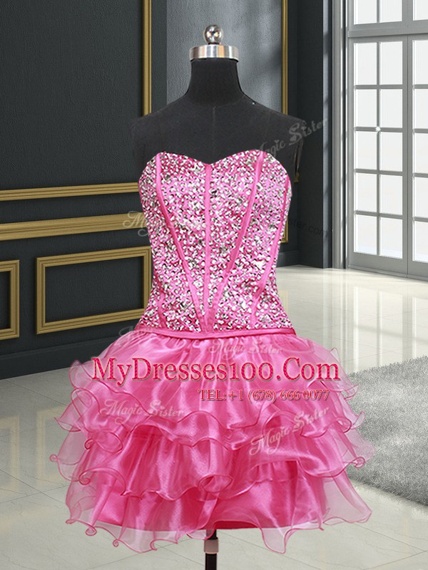 Dramatic Four Piece Hot Pink Ball Gowns Organza Sweetheart Sleeveless Beading and Ruffles Floor Length Lace Up 15th Birthday Dress