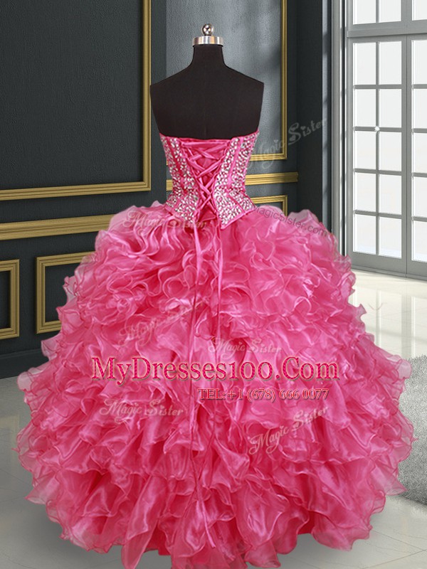 Dramatic Four Piece Hot Pink Ball Gowns Organza Sweetheart Sleeveless Beading and Ruffles Floor Length Lace Up 15th Birthday Dress