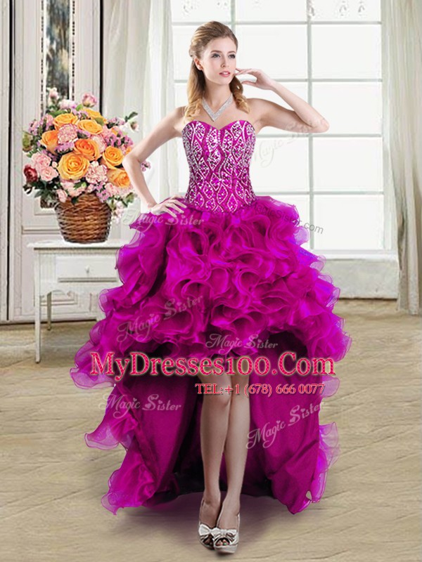 Four Piece Fuchsia Lace Up Sweetheart Beading and Ruffles Vestidos de Quinceanera Organza Sleeveless