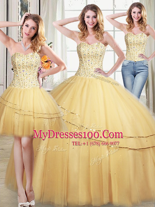 Fancy Three Piece Tulle Sweetheart Sleeveless Lace Up Beading and Sequins 15 Quinceanera Dress in Gold