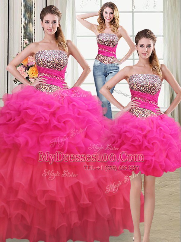 Customized Three Piece Sequins Ruffled Floor Length Multi-color Quince Ball Gowns Strapless Sleeveless Lace Up