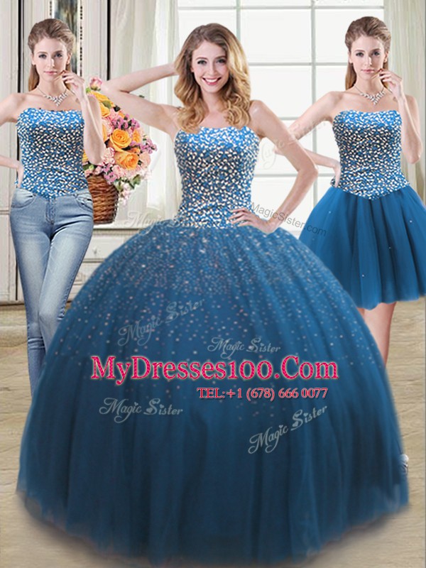 Three Piece Teal Lace Up Sweet 16 Quinceanera Dress Beading Sleeveless