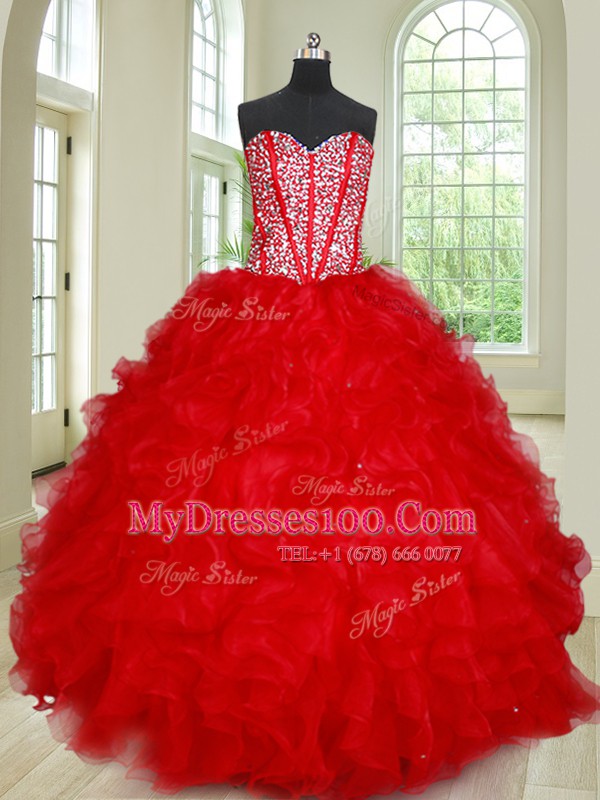 Sweet Four Piece Organza Sleeveless Floor Length Quince Ball Gowns and Beading and Ruffles