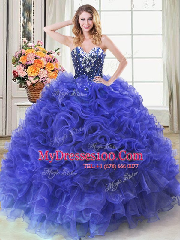 Colorful Royal Blue Lace Up Sweetheart Beading and Ruffles Sweet 16 Quinceanera Dress Organza Sleeveless