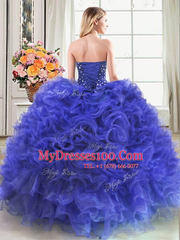 Colorful Royal Blue Lace Up Sweetheart Beading and Ruffles Sweet 16 Quinceanera Dress Organza Sleeveless