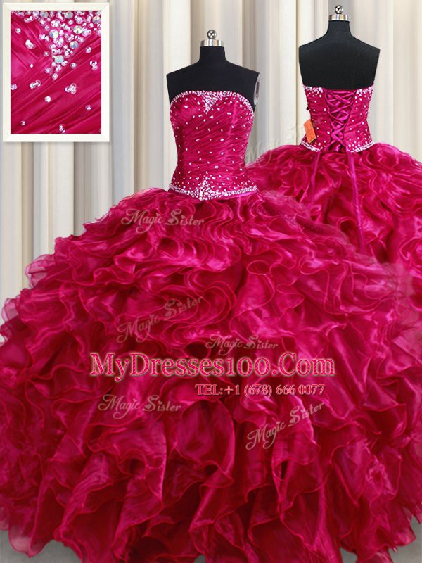 Fantastic Sleeveless Organza Floor Length Lace Up Quinceanera Dress in Fuchsia with Beading and Ruffles