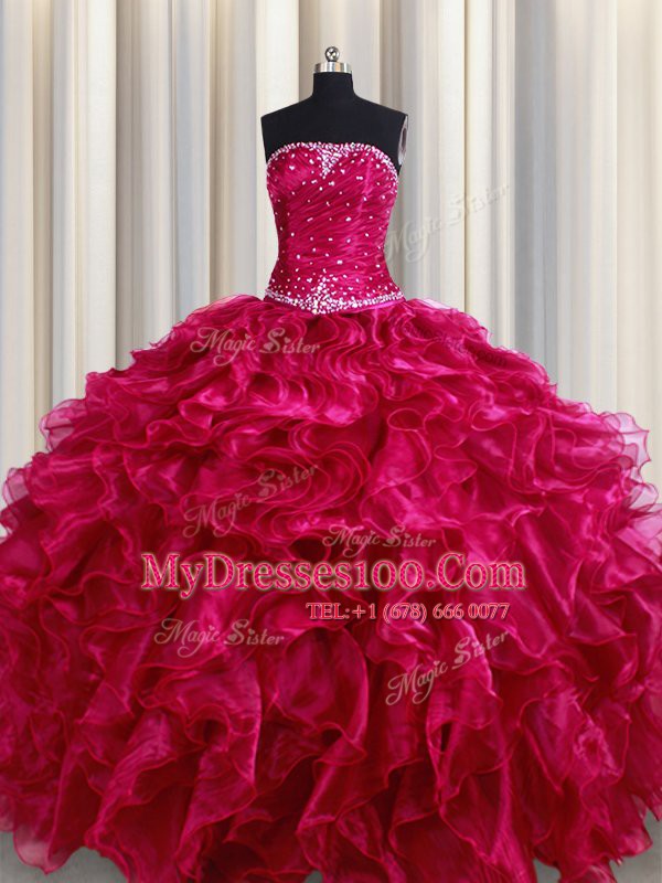Fantastic Sleeveless Organza Floor Length Lace Up Quinceanera Dress in Fuchsia with Beading and Ruffles