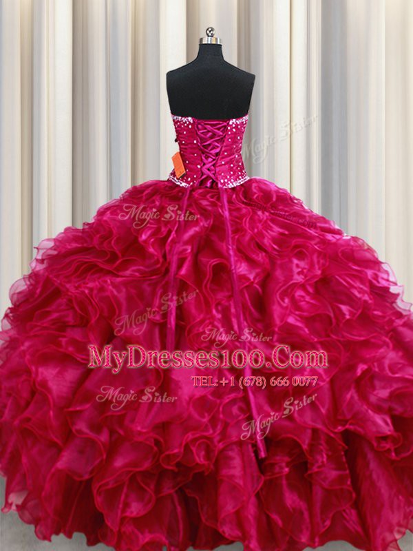 Fantastic Sleeveless Organza Floor Length Lace Up Quinceanera Dress in Fuchsia with Beading and Ruffles