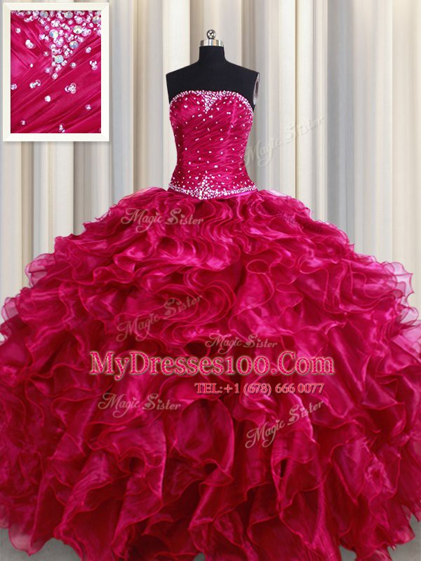 Fantastic Sleeveless Organza Floor Length Lace Up Quinceanera Dress in Fuchsia with Beading and Ruffles