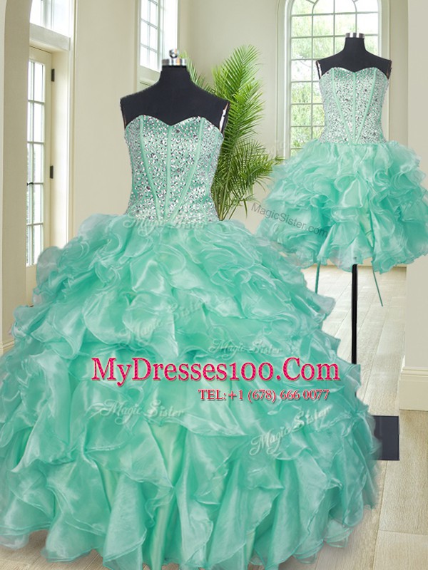 Extravagant Three Piece Sweetheart Sleeveless Organza Sweet 16 Quinceanera Dress Beading and Ruffles Lace Up