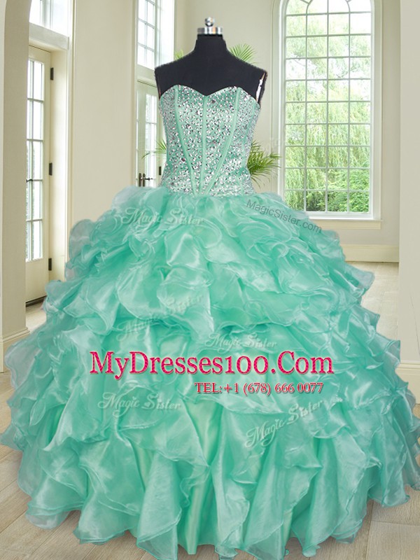 Extravagant Three Piece Sweetheart Sleeveless Organza Sweet 16 Quinceanera Dress Beading and Ruffles Lace Up