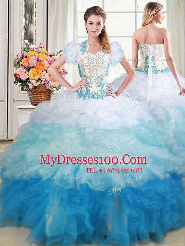 Chic With Train Lace Up 15 Quinceanera Dress Multi-color for Military Ball and Sweet 16 and Quinceanera with Beading and Appliques and Ruffles Brush Train