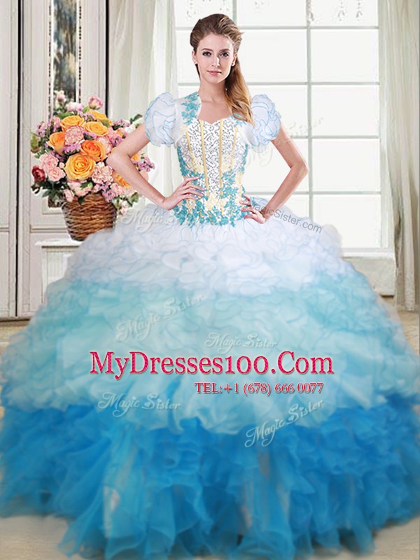 Chic With Train Lace Up 15 Quinceanera Dress Multi-color for Military Ball and Sweet 16 and Quinceanera with Beading and Appliques and Ruffles Brush Train
