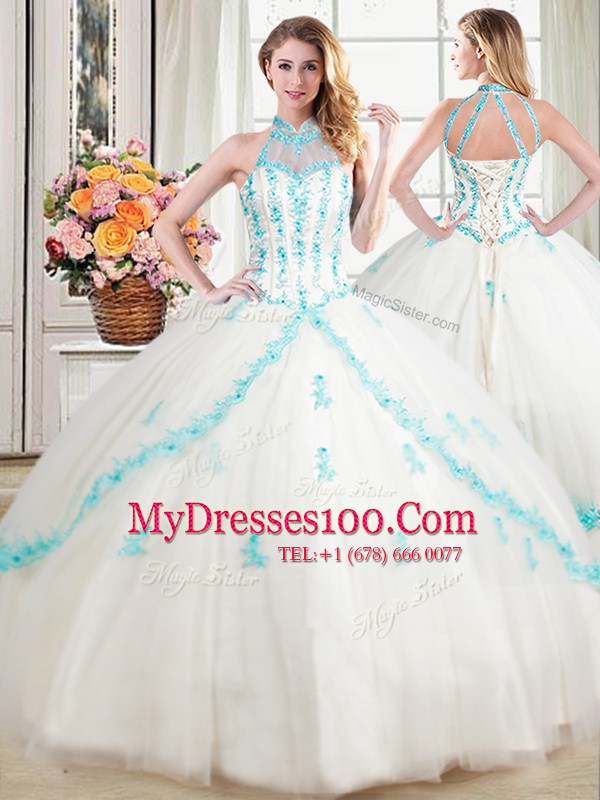 Halter Top Beading and Appliques Quinceanera Gown White Lace Up Sleeveless Floor Length