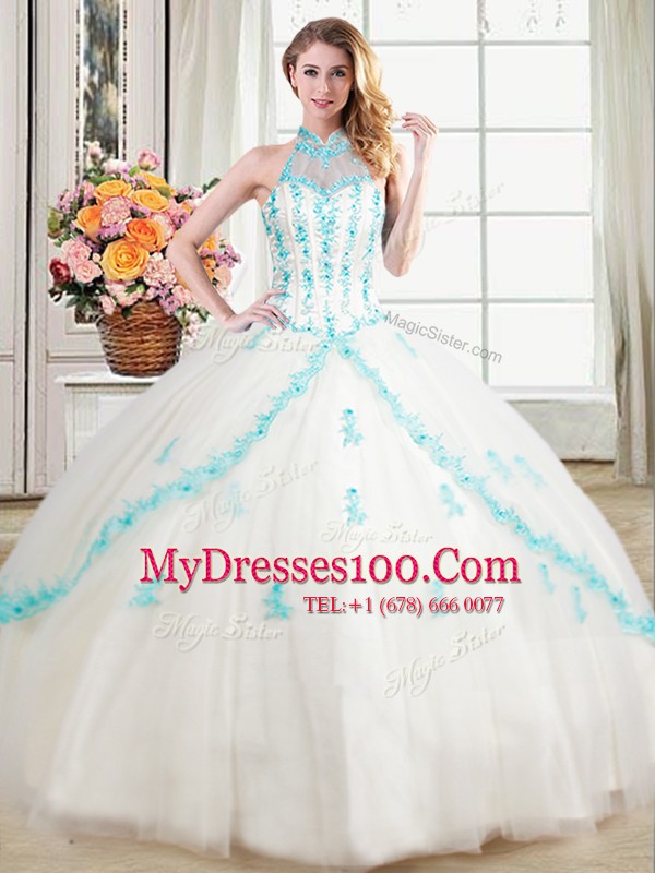Halter Top Beading and Appliques Quinceanera Gown White Lace Up Sleeveless Floor Length
