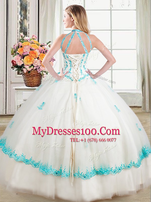 Halter Top Beading and Appliques Quinceanera Gown White Lace Up Sleeveless Floor Length