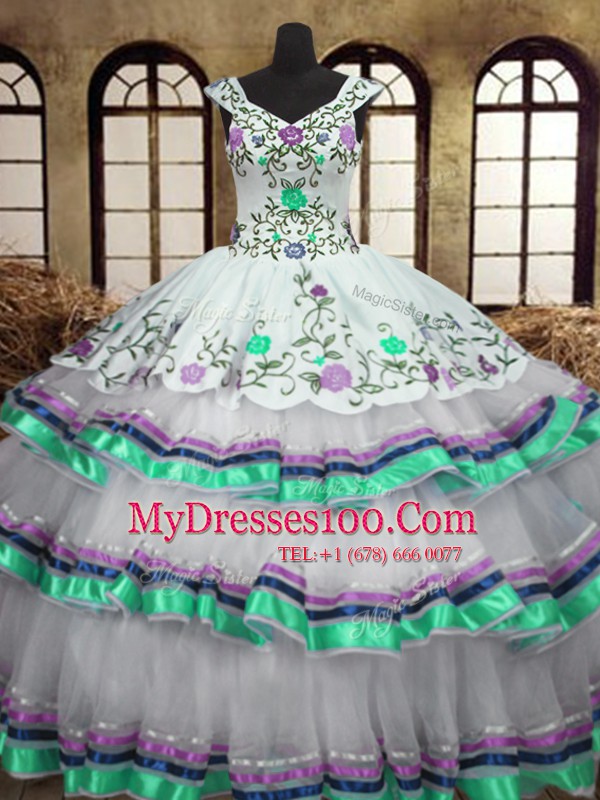 Pretty White Ball Gowns Straps Sleeveless Organza and Taffeta Floor Length Lace Up Embroidery and Ruffled Layers Quinceanera Gowns