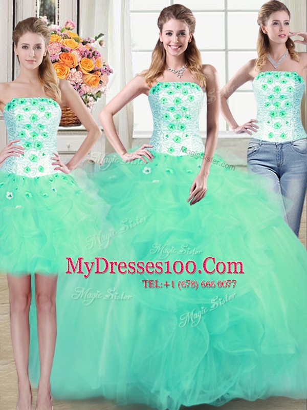 Three Piece Ball Gowns 15 Quinceanera Dress Turquoise Strapless Tulle Sleeveless Floor Length Lace Up