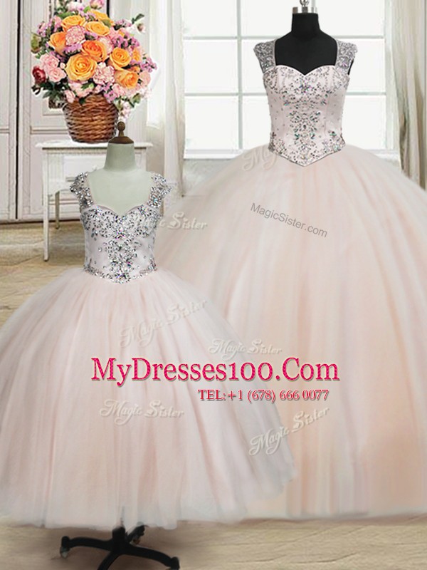 Straps Pink Tulle Zipper Quince Ball Gowns Sleeveless Floor Length Beading