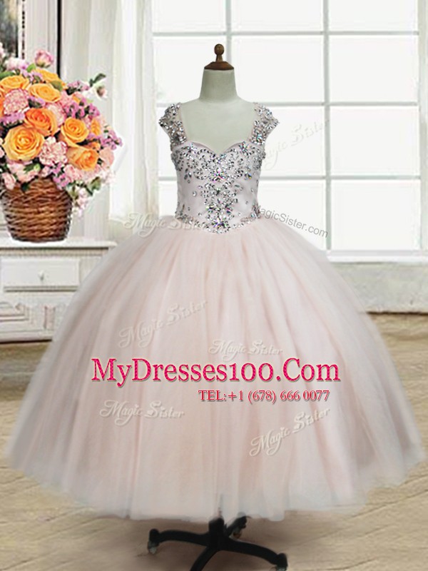 Straps Pink Tulle Zipper Quince Ball Gowns Sleeveless Floor Length Beading