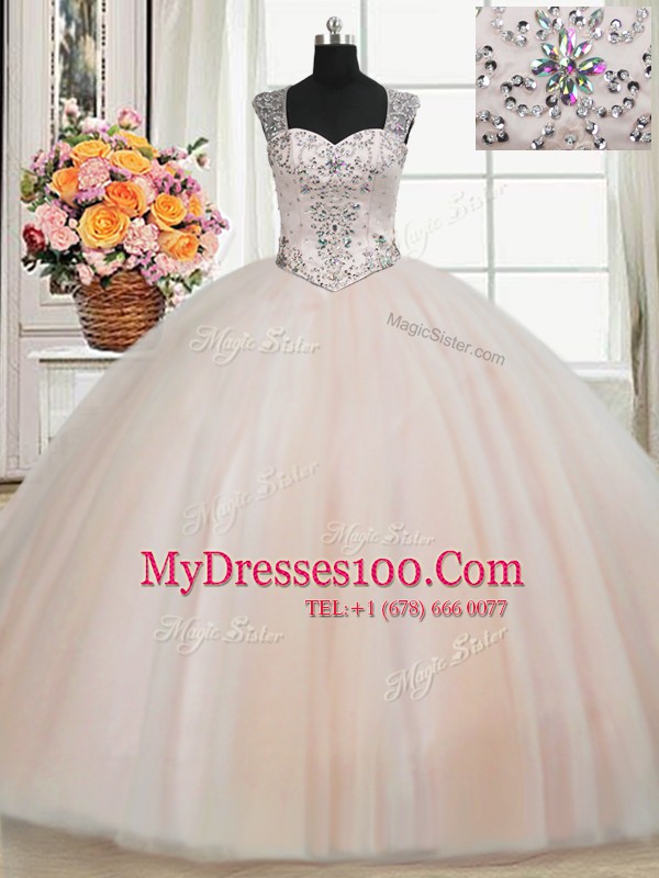 Straps Pink Tulle Zipper Quince Ball Gowns Sleeveless Floor Length Beading