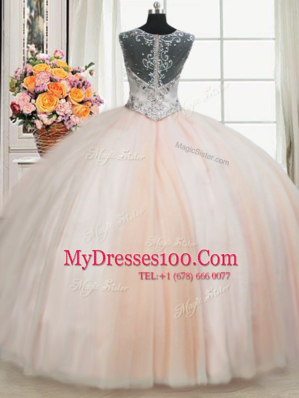 Straps Pink Tulle Zipper Quince Ball Gowns Sleeveless Floor Length Beading