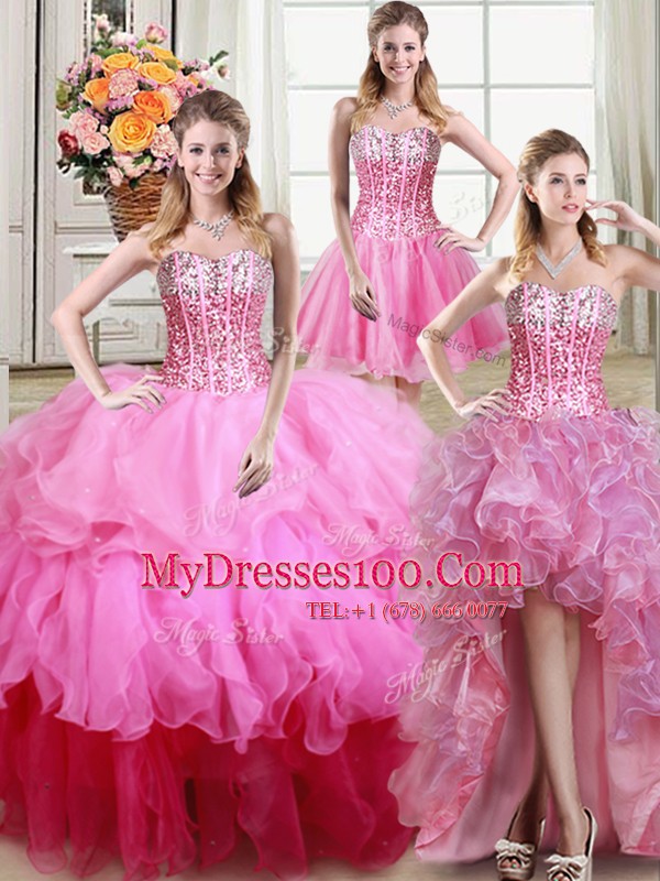 Four Piece Sleeveless Lace Up Floor Length Ruffles and Sequins Quinceanera Gowns